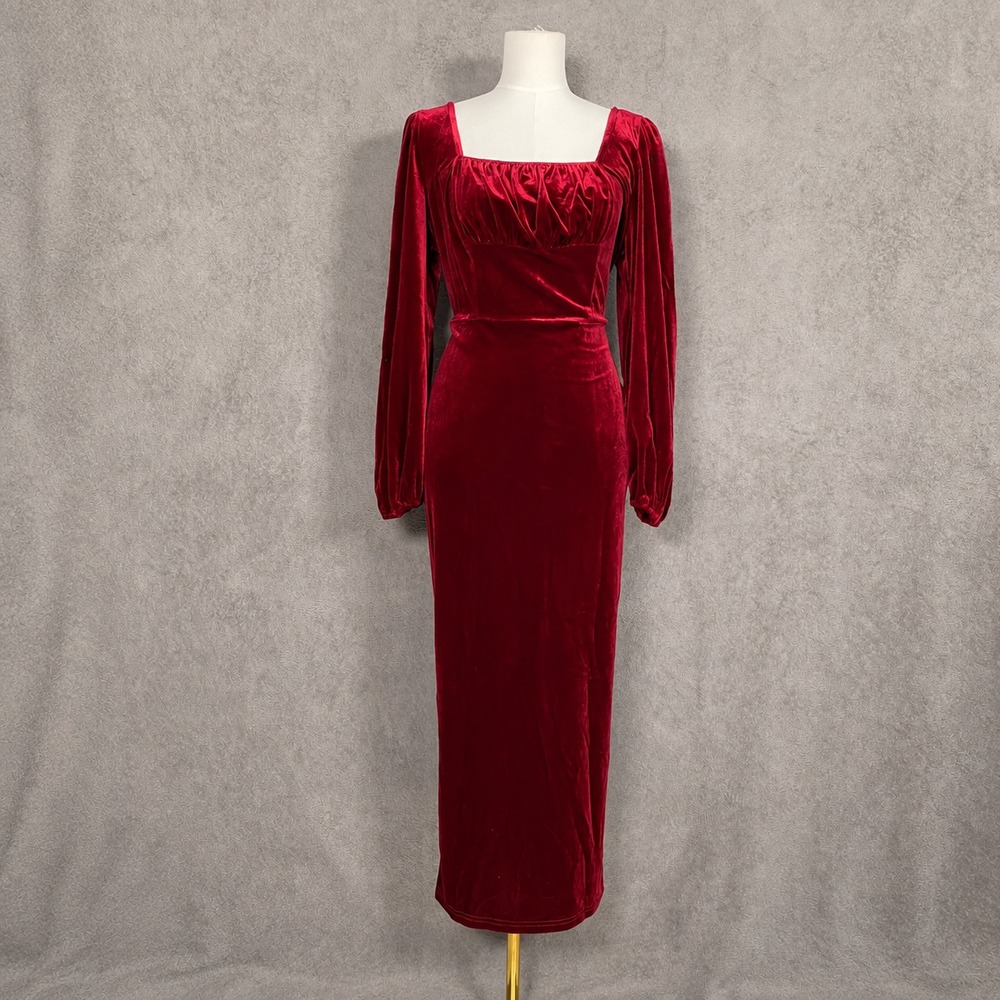Burgundy Velvet Midi Dress L Square Neck Puff Sleeve Romantic Goth Renaissance
